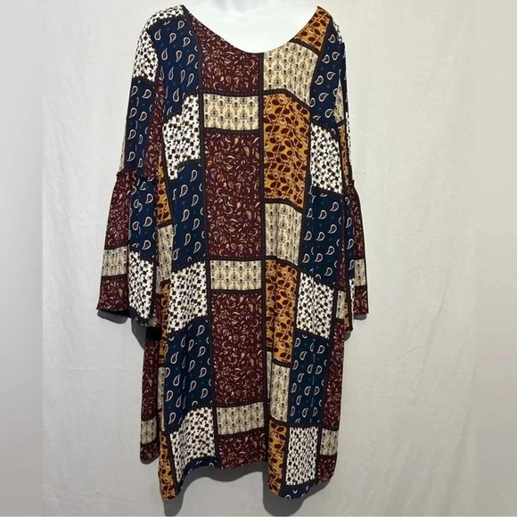 MOA MOA Boho Patchwork Print Tunic Dress Bell Sleeve Size 1X - Picture 5 of 5